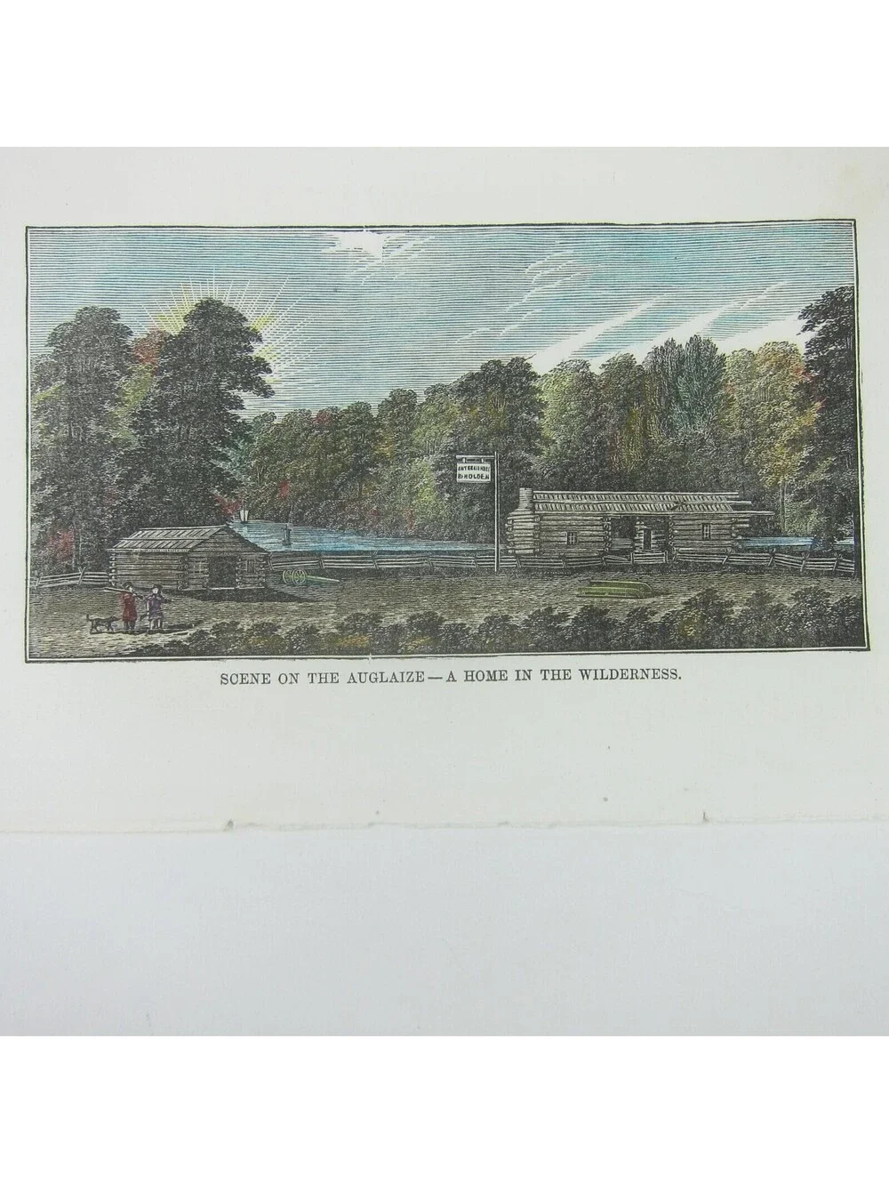 Engraving Print Ohio Auglaize River Scene Cabin Home Hand Colored Antique 1847
